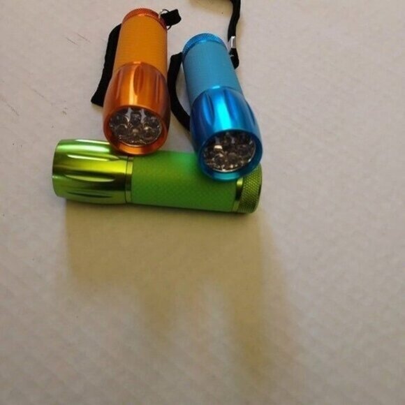 Set Of 3 Mini LED Flashlights With Wrist Straps In Green Blue & Orange Aluminum - Picture 2 of 4